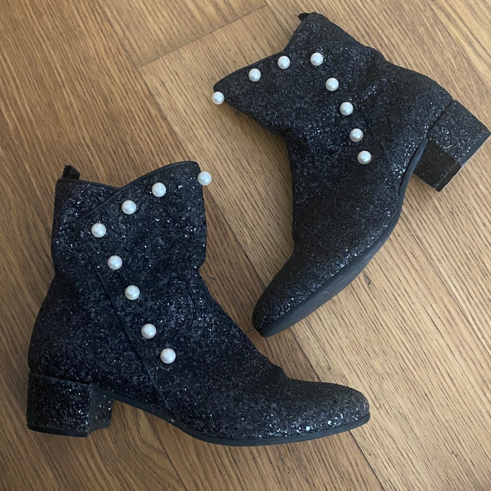 MONNALISA Girl Black Sparkly Glittered Ankle Boots With Pearls Size 36 4